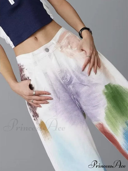 Personalized Graffiti High Waist Slim Hand-painted Painted Trendy Loose Straight Wide Leg Casual Jean