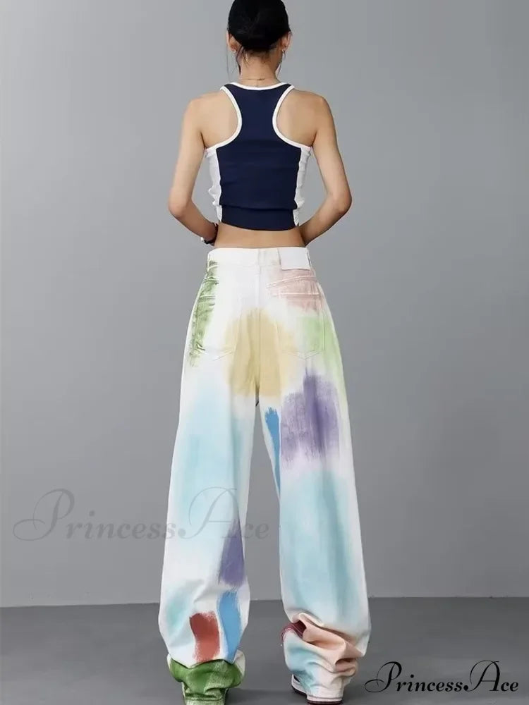 Personalized Graffiti High Waist Slim Hand-painted Painted Trendy Loose Straight Wide Leg Casual Jean