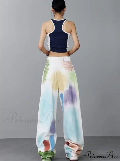 Personalized Graffiti High Waist Slim Hand-painted Painted Trendy Loose Straight Wide Leg Casual Jean