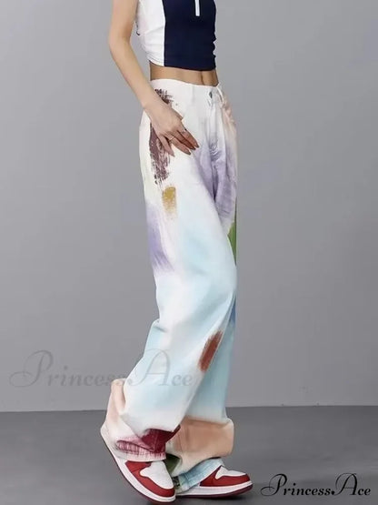 Personalized Graffiti High Waist Slim Hand-painted Painted Trendy Loose Straight Wide Leg Casual Jean