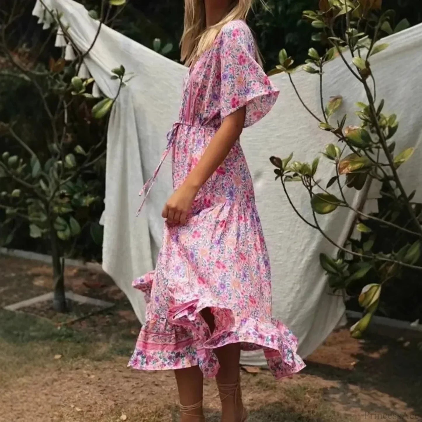 Pink Floral Print V-neck Tassel Rayon Vacation Maxi Boho Dress
