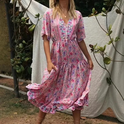 Pink Floral Print V-neck Tassel Rayon Vacation Maxi Boho Dress
