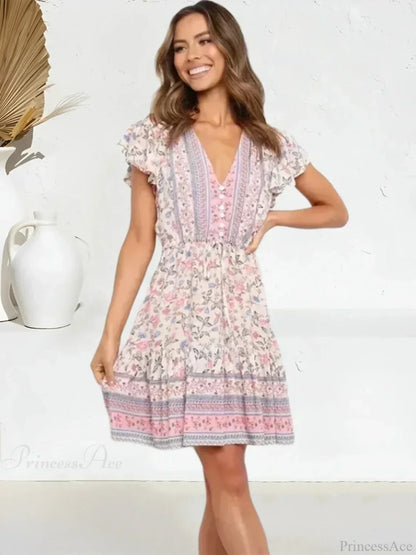 Pink Floral Short Sleeve Loose V-neck Mini Boho Dress