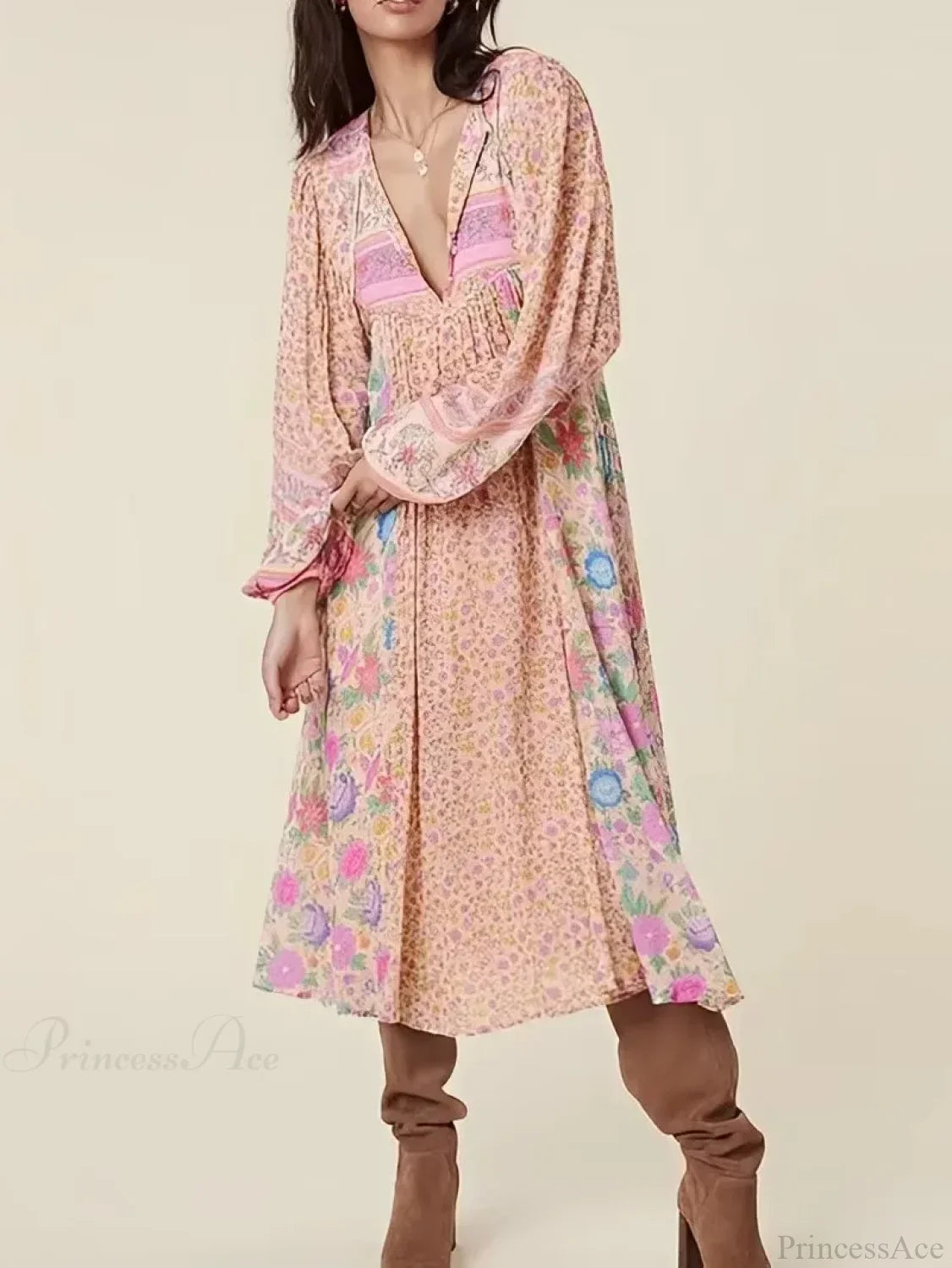 Pink Floral Square Collar Short Sleeve Boho Dress