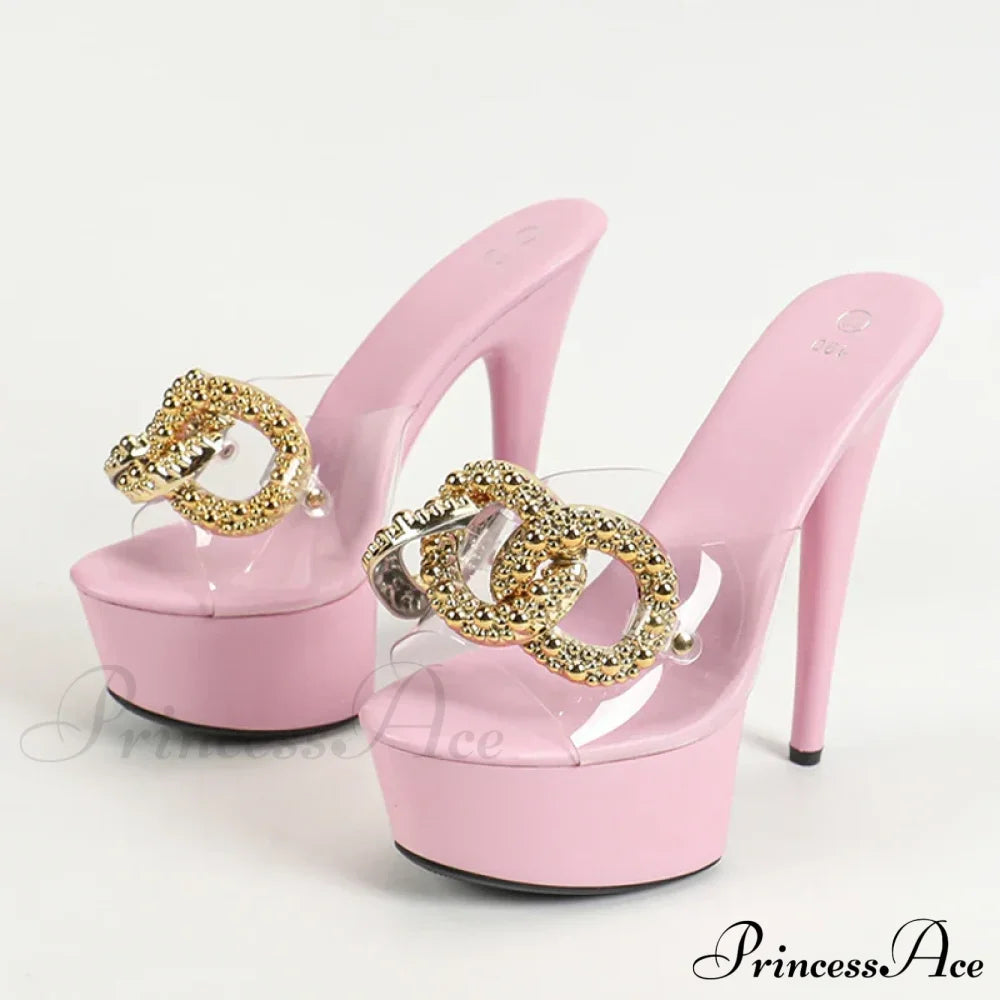 Pink High Heels Platform Slippers with Metal Chain - Sizes 34-43
Transparent PVC Sandals for Women - Party Stripper Shoe