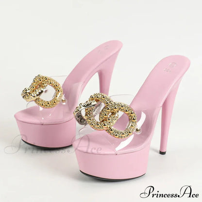 Pink High Heels Platform Slippers with Metal Chain - Sizes 34-43
Transparent PVC Sandals for Women - Party Stripper Shoe