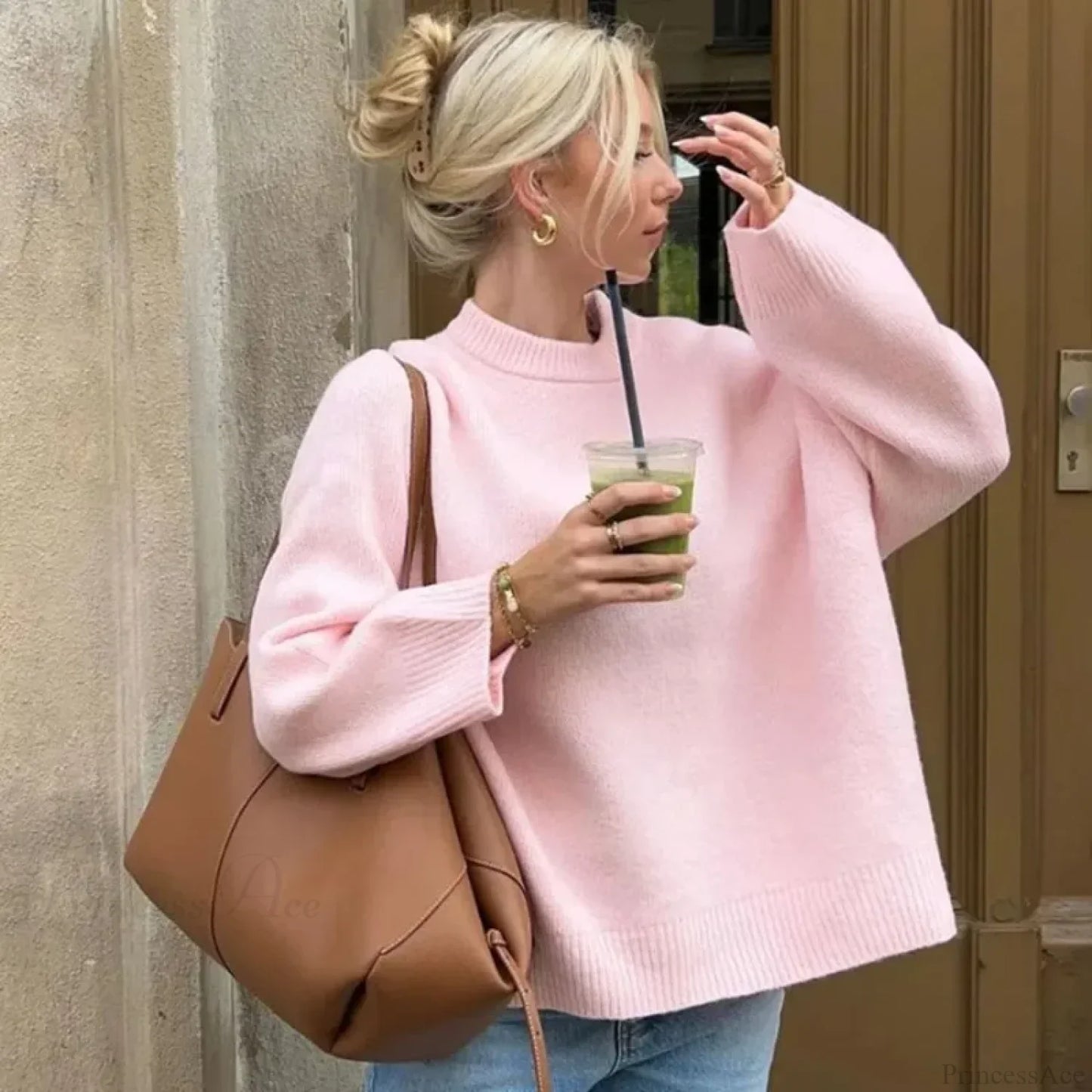 Pink O-neck Loose Casual Pullover Sweater