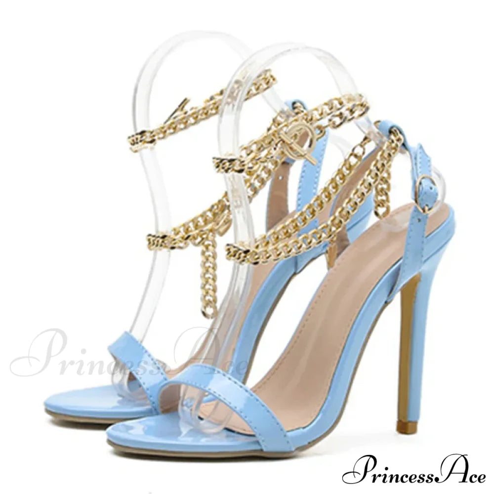 Pink Patent Leather Summer Women's Sandals with Metal Chain Ankle Strap and Stiletto Heels