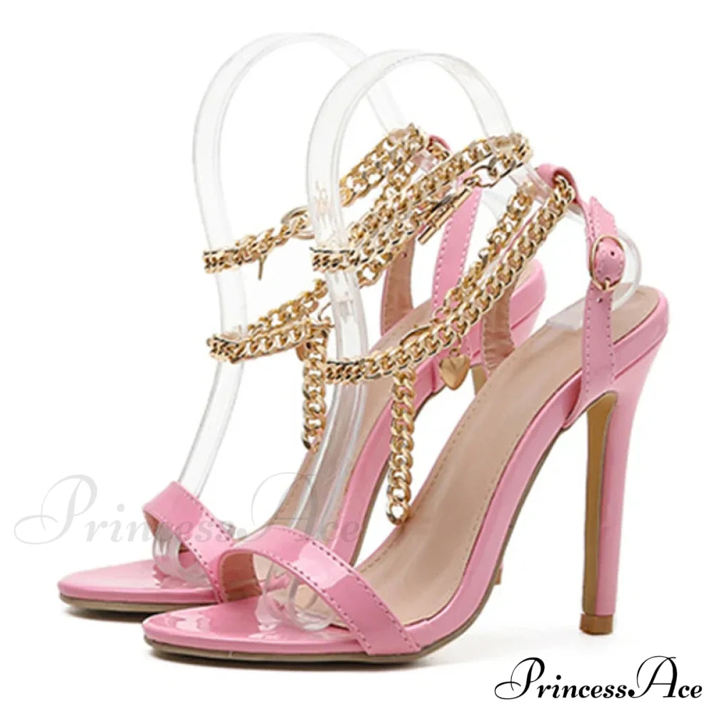Pink Patent Leather Summer Women's Sandals with Metal Chain Ankle Strap and Stiletto Heels