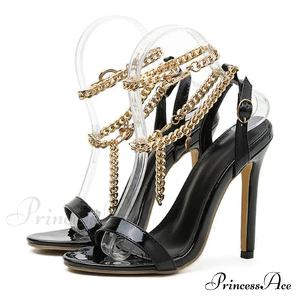 Pink Patent Leather Summer Women's Sandals with Metal Chain Ankle Strap and Stiletto Heels