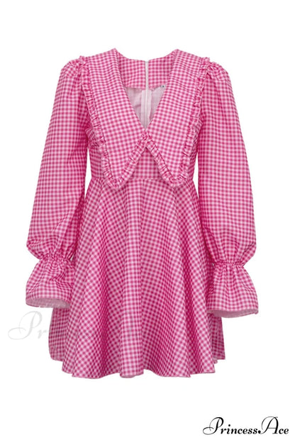 Pink Plaid A-Line Babydoll Dress with Lapel