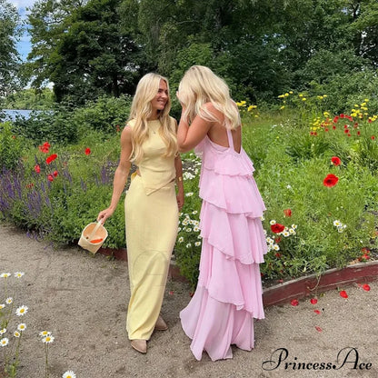 Pink Pleated Stylish Halter Maxi Dress