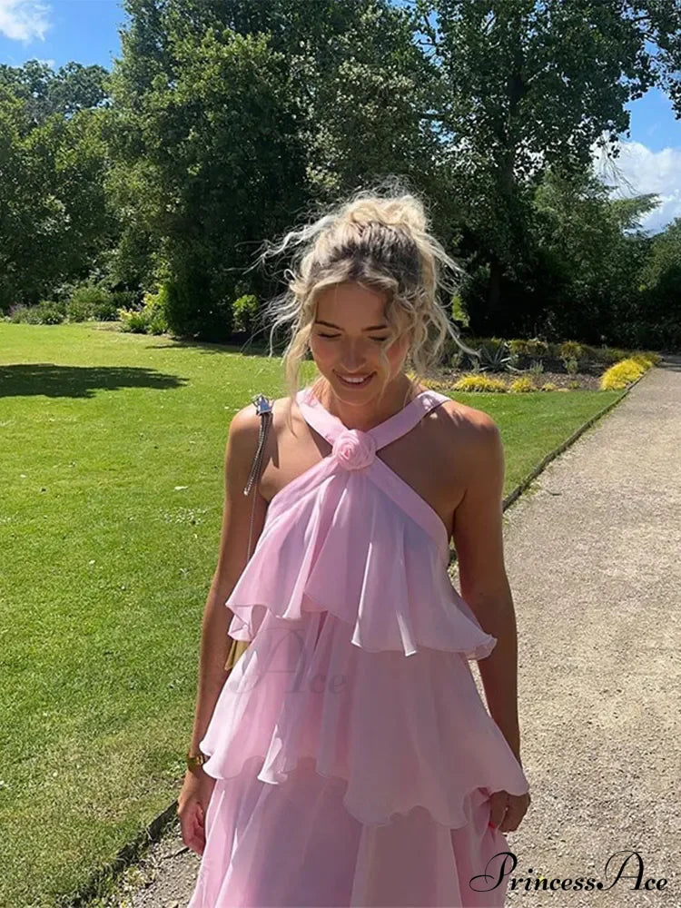 Pink Pleated Stylish Halter Maxi Dress