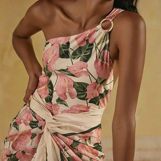 Pink Printed One Shoulder Tie One Piece Swimsuit