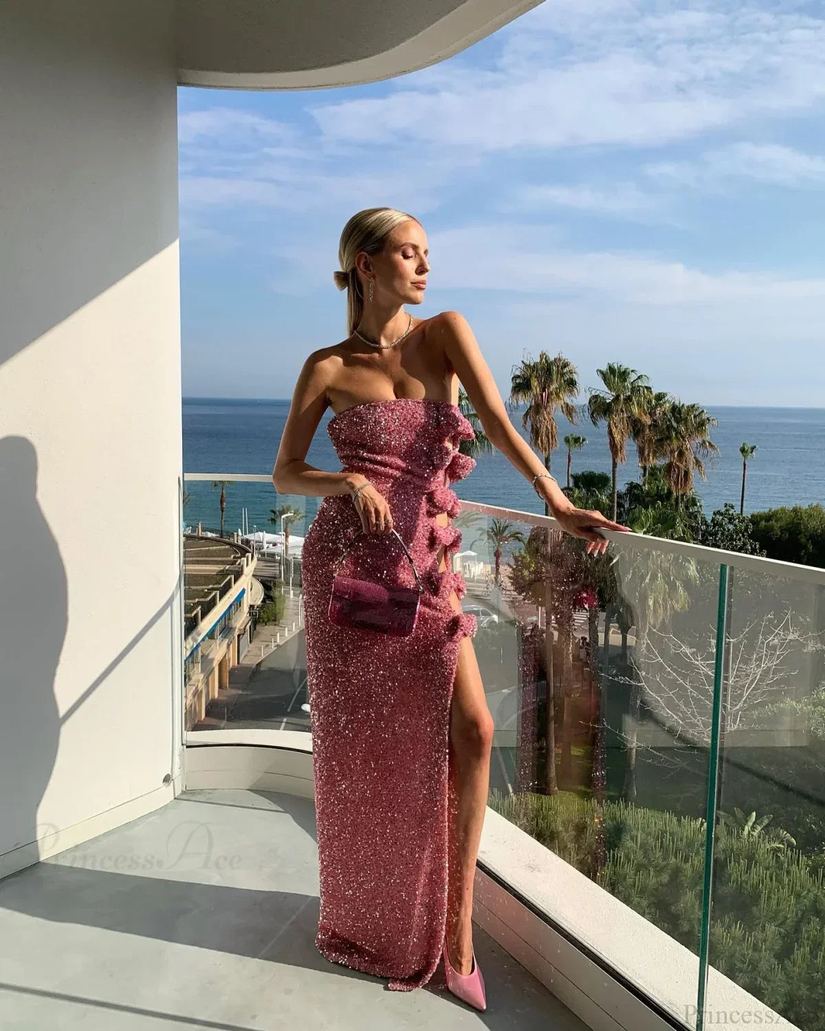Pink Sequin Off-Shoulder Party Dress