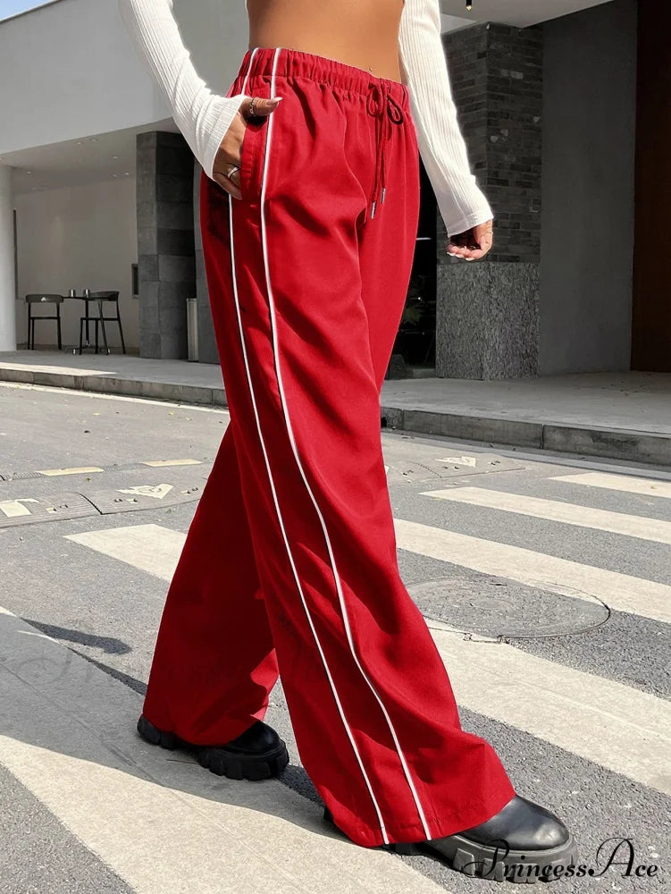 Piping Drawstring Waist Wide Leg Pants
