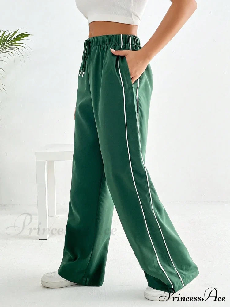 Piping Drawstring Waist Wide Leg Pants