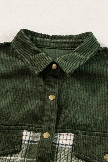 Plaid Color-Block Corduroy Long-Sleeve Jacket