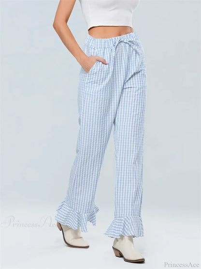 Plaid Flared Drawstring High Waist Casual Pant