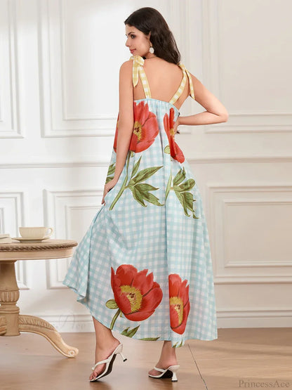 Plaid Flower Sleeveless Tank Floral Dress