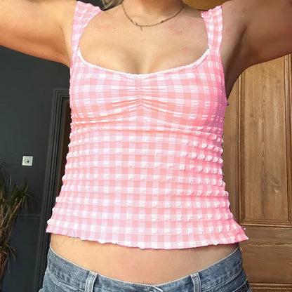 Plaid Gingham Lace Trim Square Collar Slim Fit Y2K Vintage Backless Crop Top