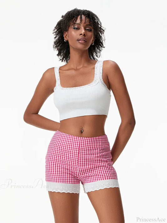 Plaid Lace Crochet Hem Short
