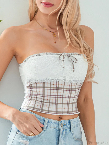 Plaid Lace Patchwork Off-shoulder Strapless Tube Top