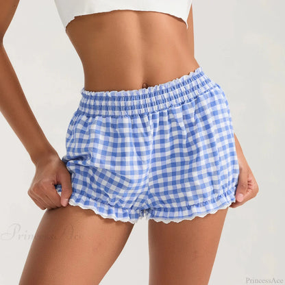 Plaid Lace Trim Elastic Waist Short