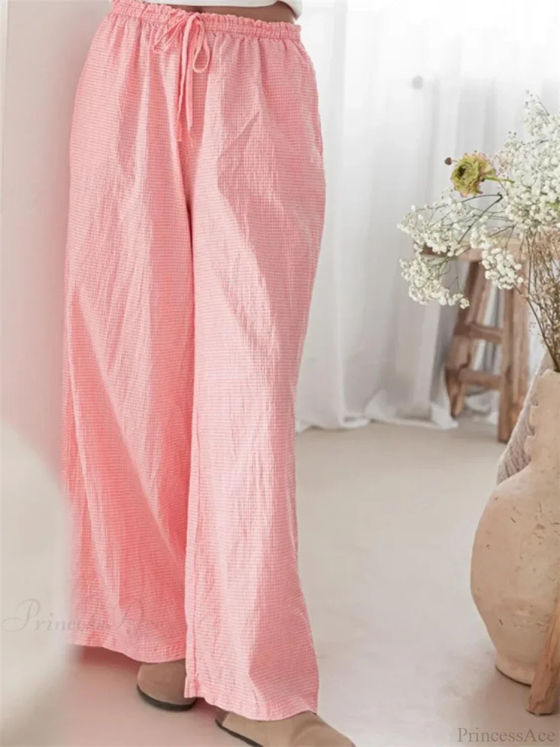 Plaid Print Drawstring Elastic Waist Loose Pant