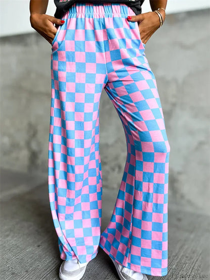 Plaid Print Wide Leg Elastic Waist Casual Pant