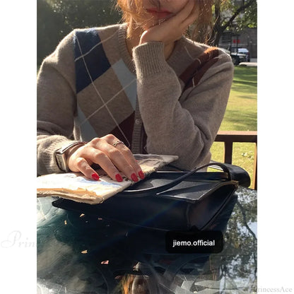 Plaid Round Neck Loose Knit Cardigan