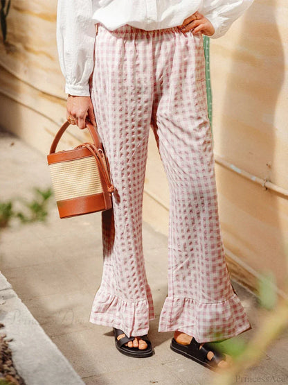 Plaid Ruffled Hem Elastic Waist Loose Pajama Pant