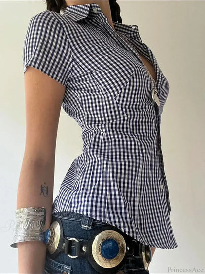 Plaid Slim Buttoned Up Blouse