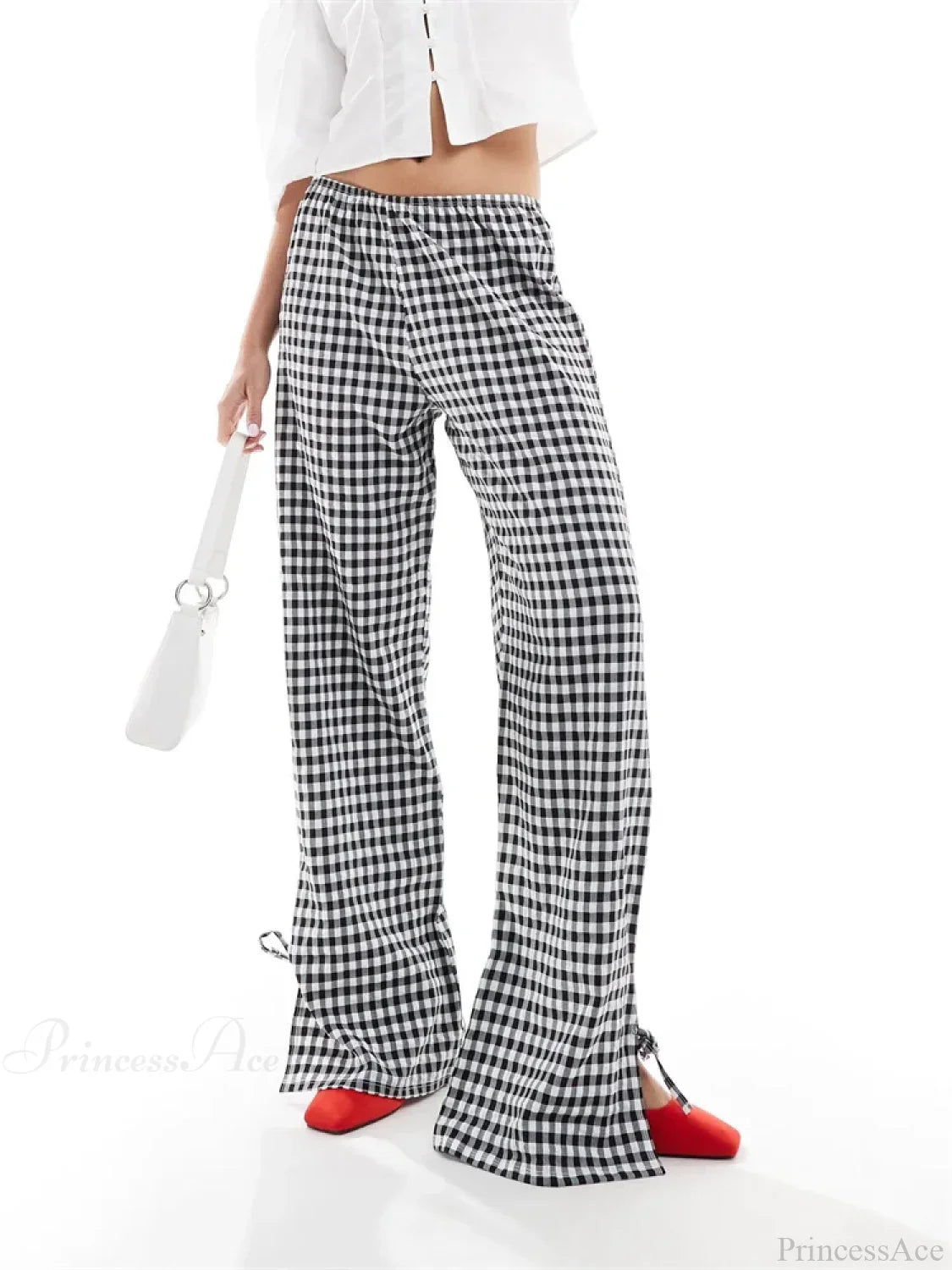 Plaid Split Tie-Up Loose Wide Leg Summer Pant