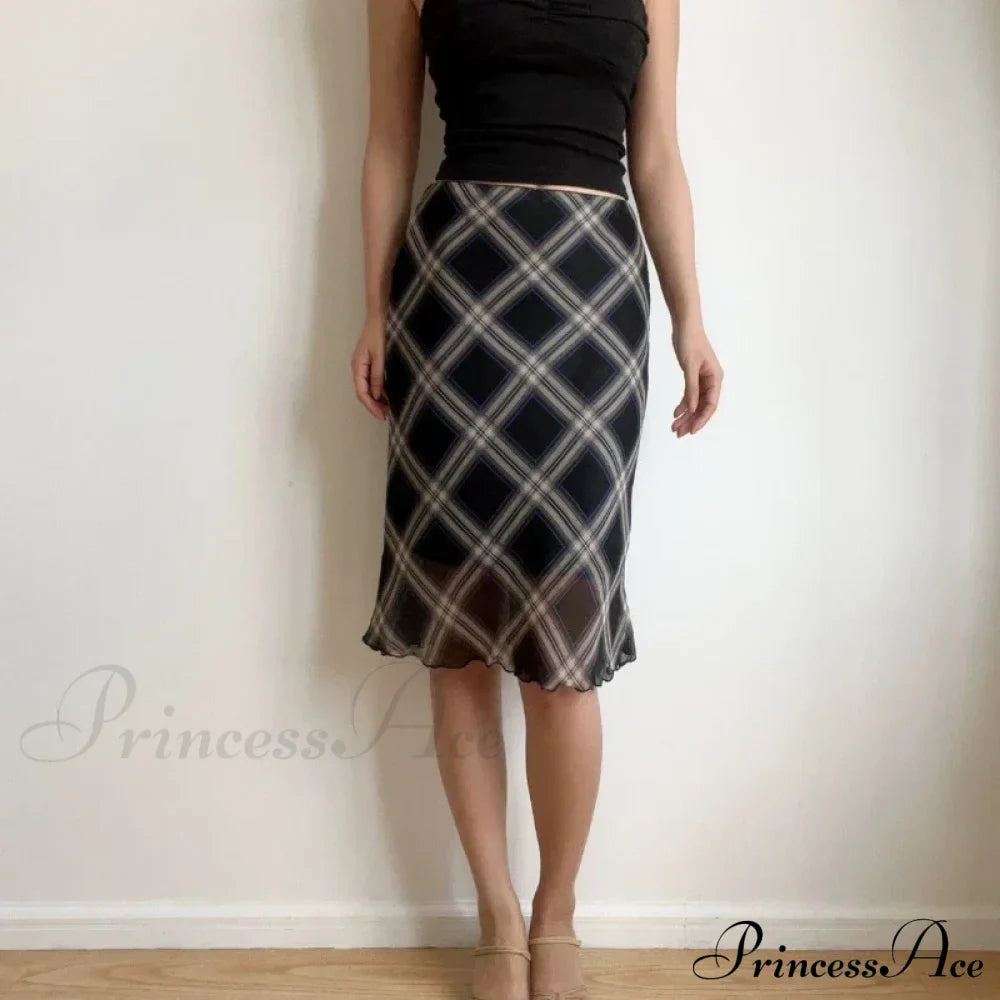 Plaid Vintage Ruffle Mid Skirt Aesthetics Tulle Skirt
