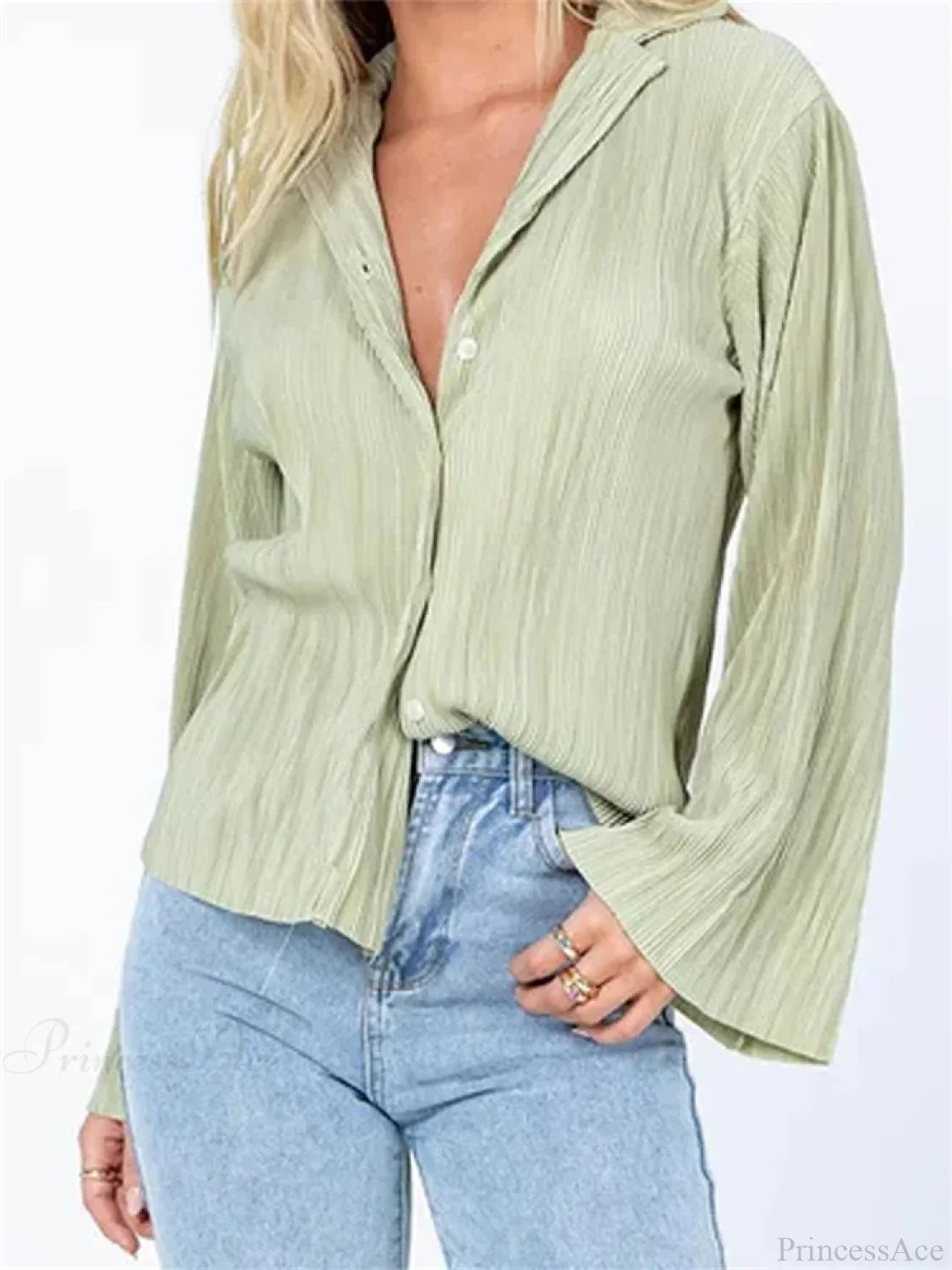 Pleated V-neck Button-Down Blouse