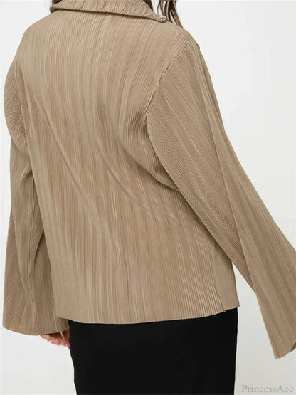 Pleated V-neck Button-Down Blouse