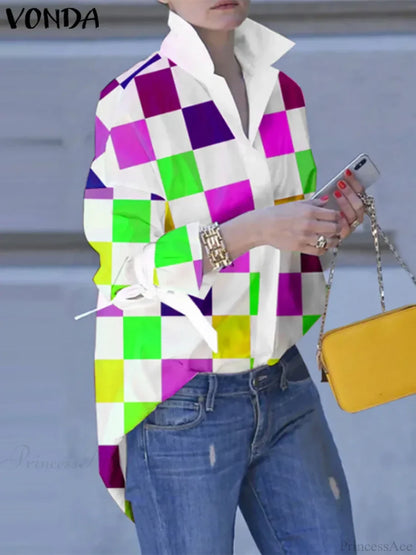 Plus Size Patchwork Plaid Turn-down Collar Blouse