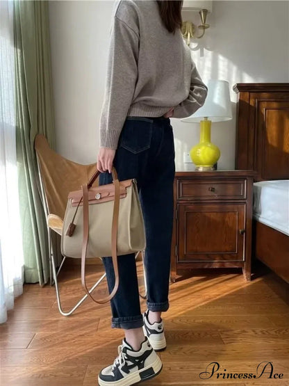 Plush Loose High-Waisted Slim Straight New Autumn Leg Fashion Jean