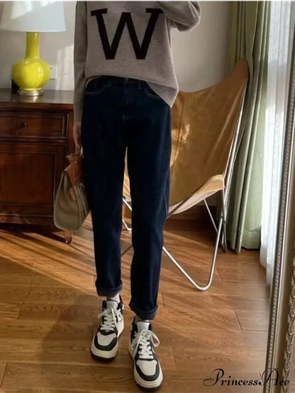 Plush Loose High-Waisted Slim Straight New Autumn Leg Fashion Jean