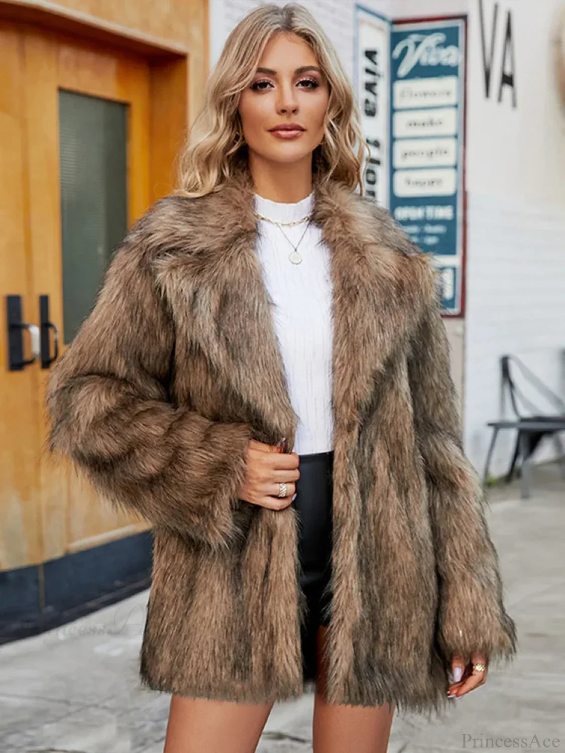Plush Turn-Down Collar Long Sleeve Coat