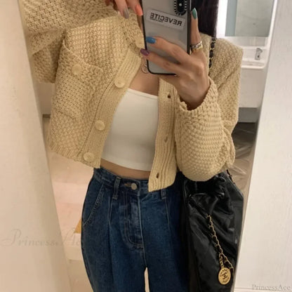 Pocket Cropped Solid O-Neck Knit Cardigan