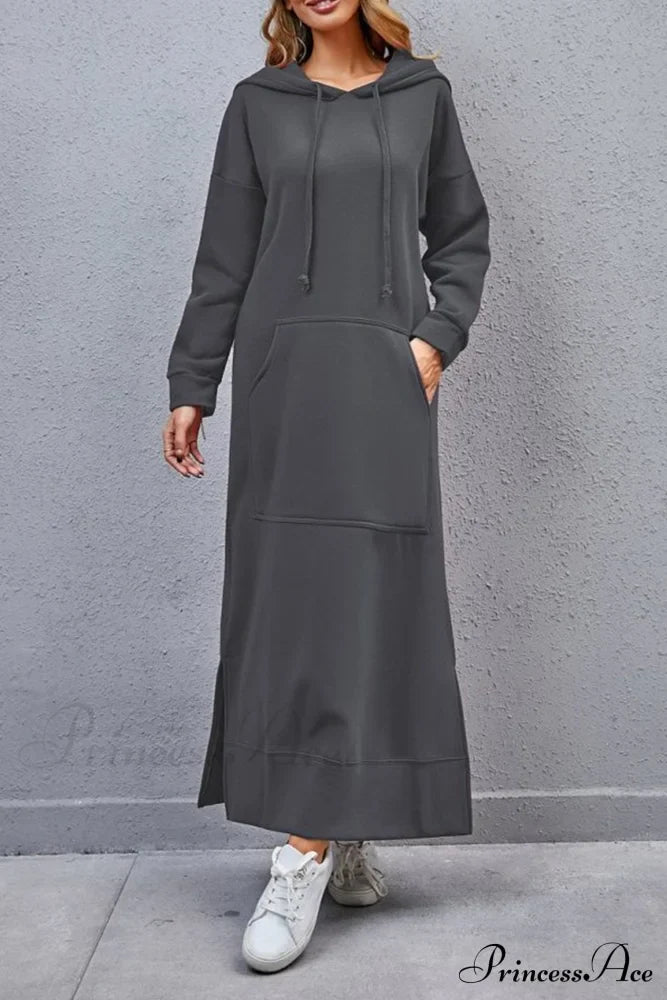 Pocketed Slit Hem Hoodie Dress