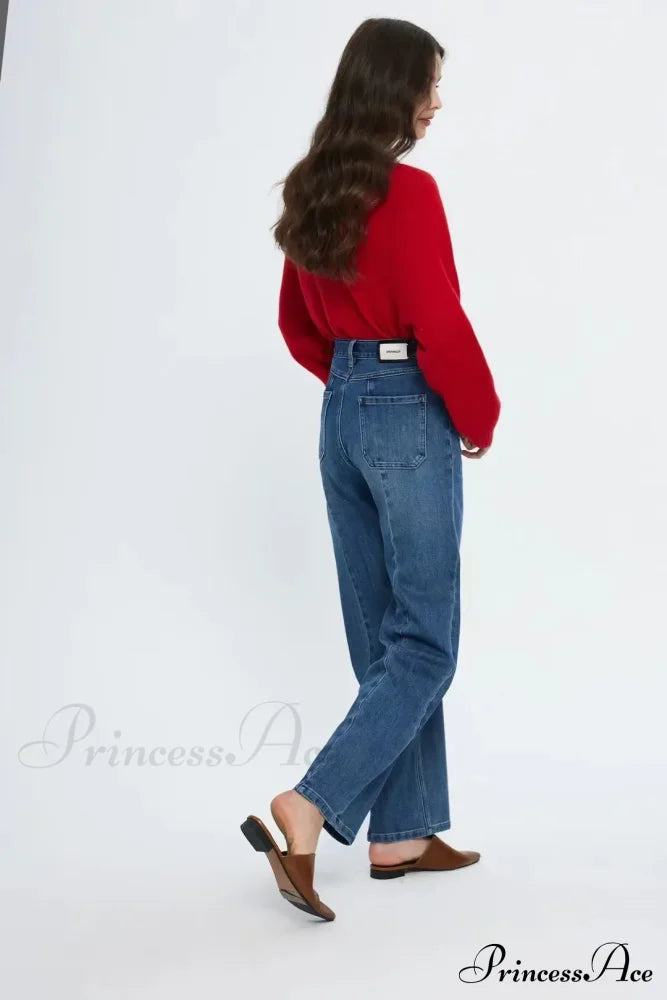 Pockets Women Temperament High Waist Straight Denim Pant Females Vintage Simple Streetwear Washed Chic New Jean