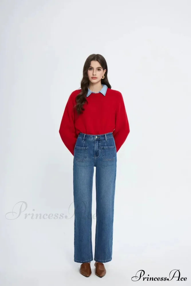 Pockets Women Temperament High Waist Straight Denim Pant Females Vintage Simple Streetwear Washed Chic New Jean