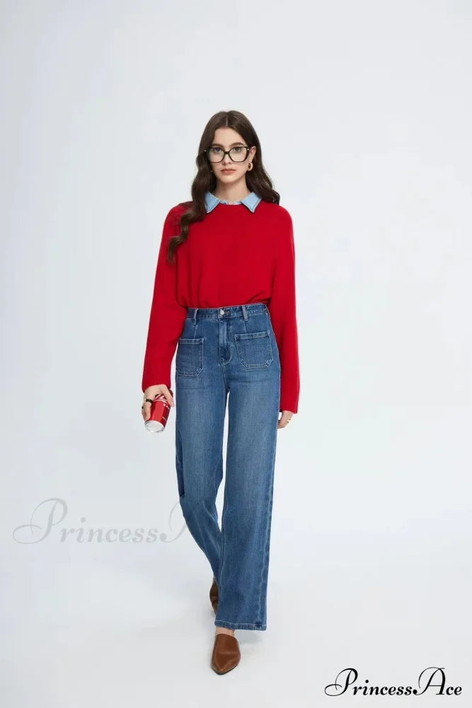 Pockets Women Temperament High Waist Straight Denim Pant Females Vintage Simple Streetwear Washed Chic New Jean