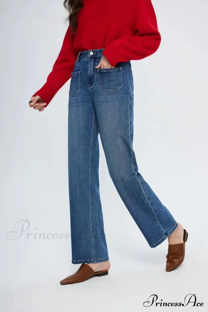 Pockets Women Temperament High Waist Straight Denim Pant Females Vintage Simple Streetwear Washed Chic New Jean