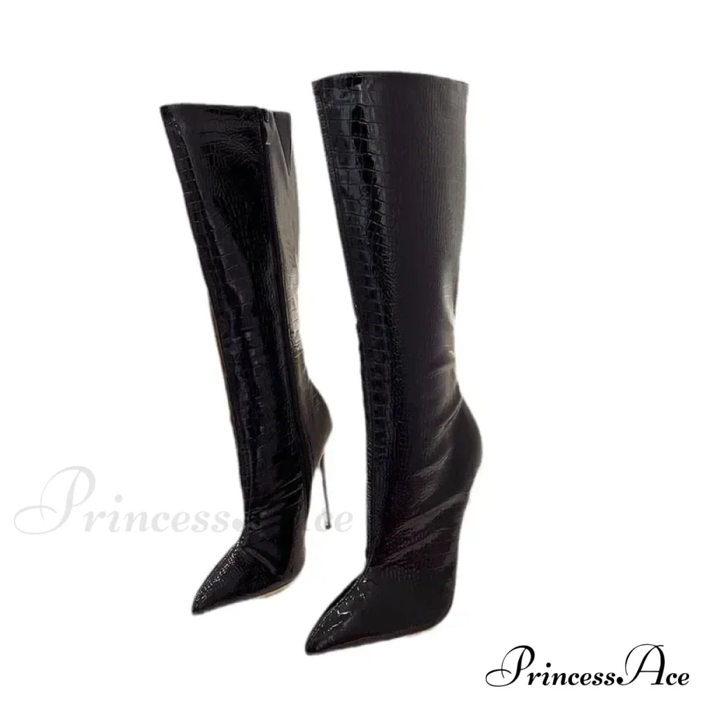 Pointed Toe 12cm High-heeled Long Boots for Women - Stone Pattern Knee-high Stiletto Modern Boot