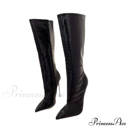 Pointed Toe 12cm High-heeled Long Boots for Women - Stone Pattern Knee-high Stiletto Modern Boot