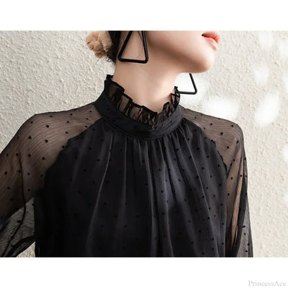 Polka Dot Chiffon Stand Collar Autumn Blouse